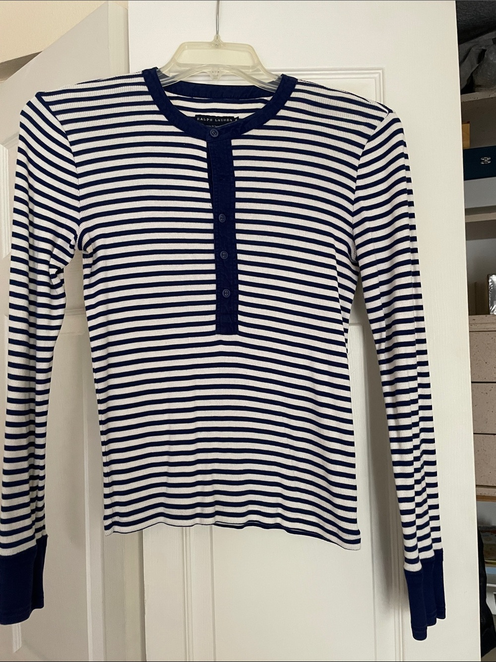 Ralph Lauren Navy and White Striped Henley Long Sleeve Top
